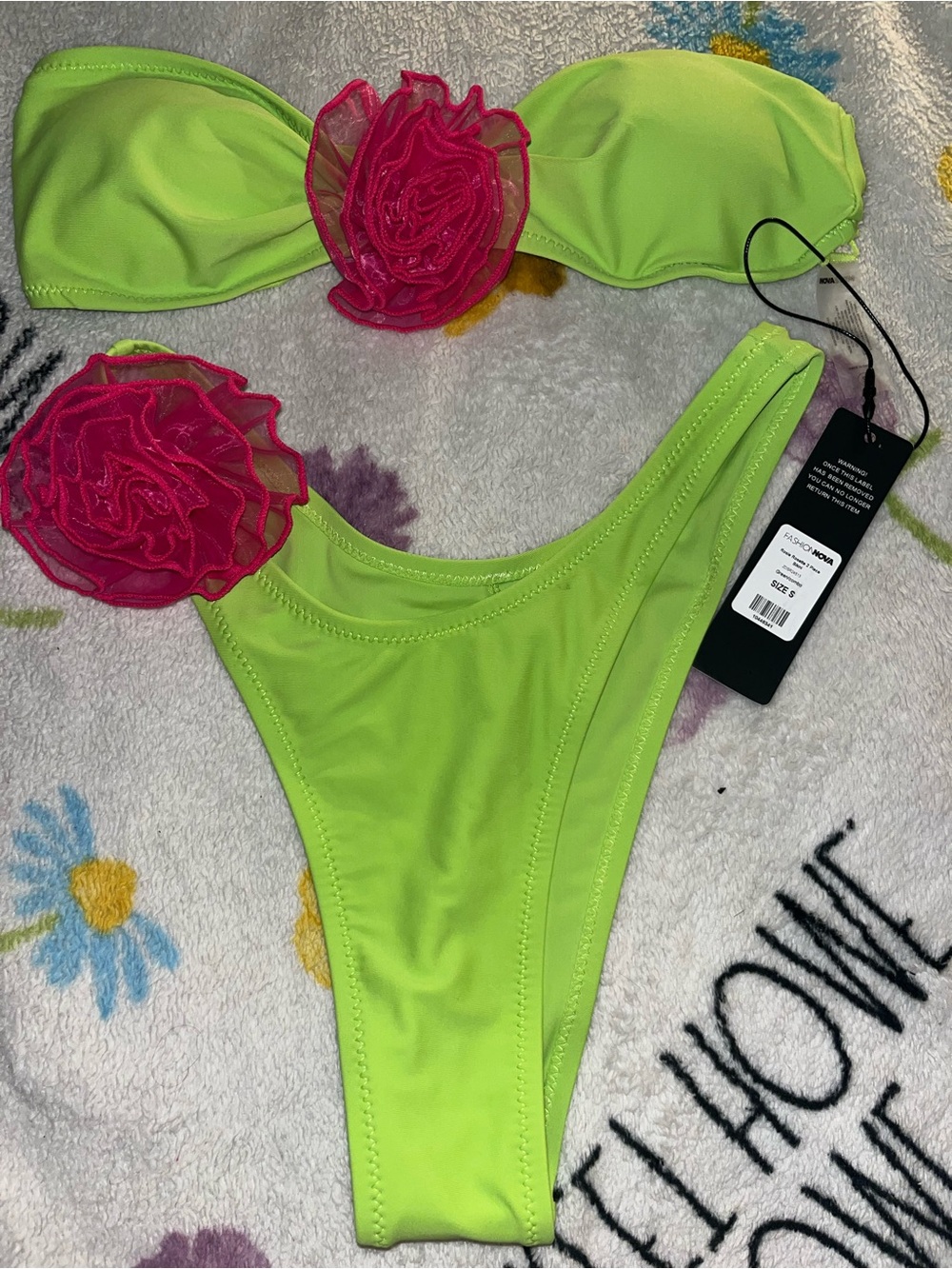 Fashion Nova Neon Lime Bandeau Bikini with Hot Pink Floral Appliqués